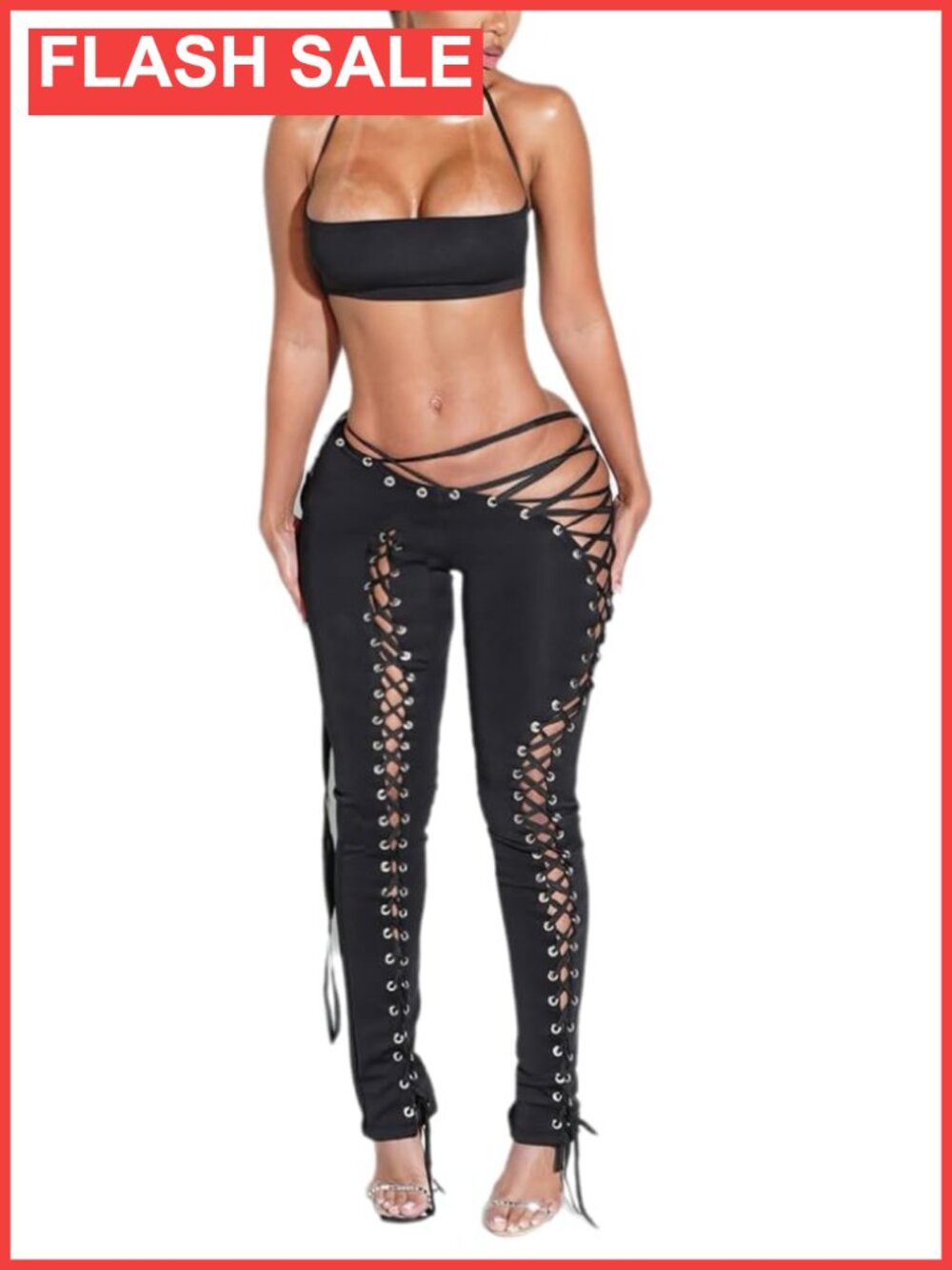 Two Piece Set Halter Tube Top High Waist Lace-Up Pants Women's Club Outfit
